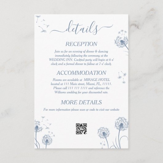 Weiße und blaue Wildblume rustikale Hochzeitdetail Begleitkarte (Vorderseite)
