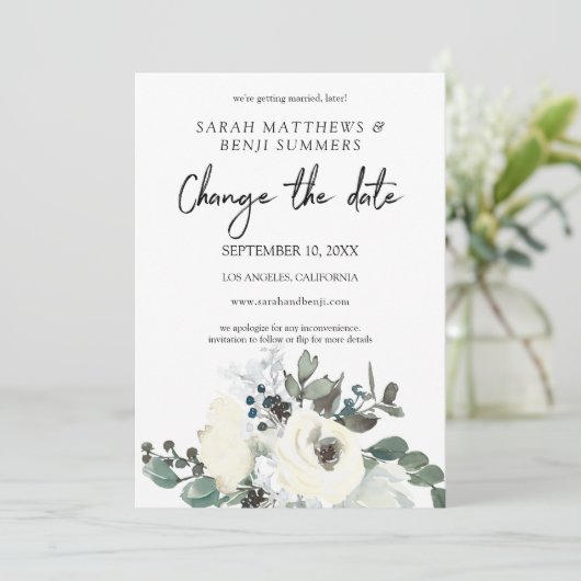 Weiße und dunkelblaue Blüte ändern die Datumsangab Einladung (Stehend Vorderseite)