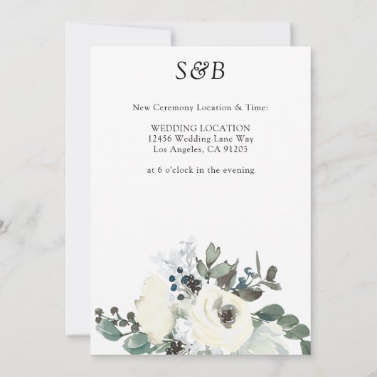 Weiße und dunkelblaue Blüte ändern die Datumsangab Einladung (Rückseite)