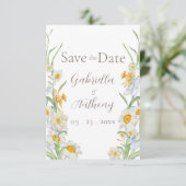 Weiße und gelbe Daffodia Blumenbraun-Schrift Save The Date (Stehend Vorderseite)