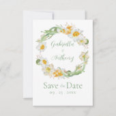 Weiße und gelbe Daffodische Blumenschrift Save The Date (Vorderseite)