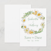Weiße und gelbe Daffodische Blumenschrift Save The Date (Vorne/Hinten)