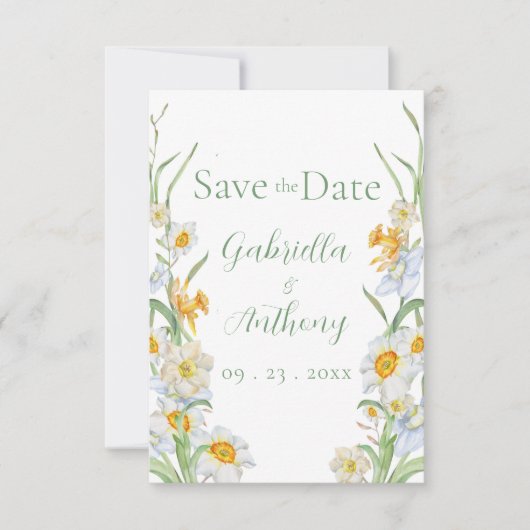 Weiße und gelbe Daffodische Blumenschrift Save The Date (Vorderseite)