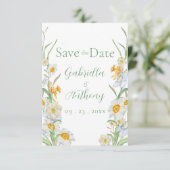 Weiße und gelbe Daffodische Blumenschrift Save The Date (Stehend Vorderseite)
