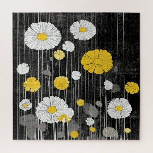 Weiße und gelbe Gänseblümchen auf Grau Schwarz Puzzle