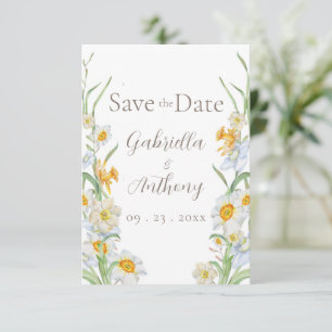 Weiße und gelbe Narzissen-Blumen braune Schrift  Save The Date
