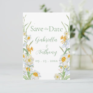Weiße und gelbe Narzissen-Blumen grüne Schrift Save The Date