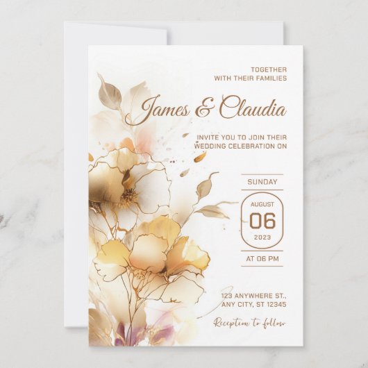 Weiße und goldblütige Rustikale Moderne Hochzeit G Einladung (Vorderseite)