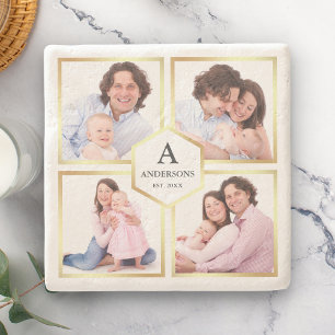 Weiße und goldene 4-Bilder-Familienfotocollage Steinuntersetzer