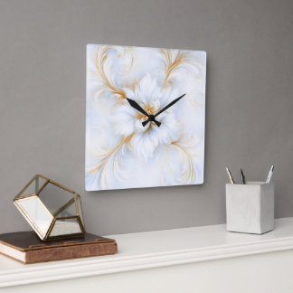 Weiße und goldene Aquarell-Abstrakt-Blume Quadratische Wanduhr