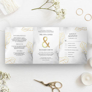 Weiße und goldene Blätter Et-Zeichen Hochzeit Dreifach Gefaltete Einladung