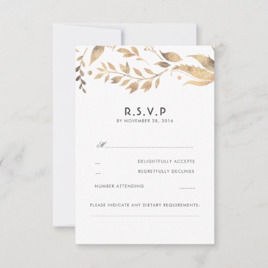 Weiße und goldene Blätter Hochzeitsrabatte RSVP Karte (Vorderseite)