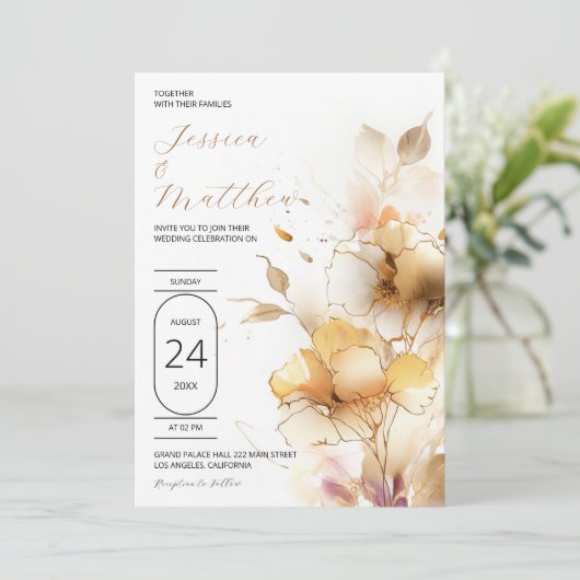 Weiße und goldene Blume Hochzeit Einladung (Stehend Vorderseite)