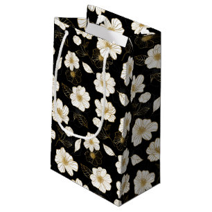 Weiße und goldene Blumen auf Schwarz Kleine Geschenktüte