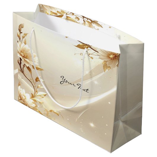 Weiße und goldene Blumen-Geschenktasche Große Geschenktüte (Rückseite Schrägansicht)