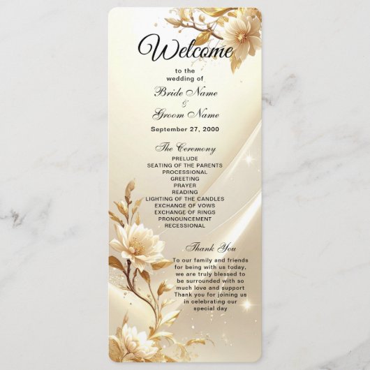 Weiße und goldene Blumen Hochzeitsprogramm Programm (Vorderseite)