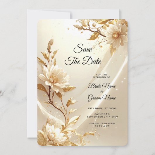 Weiße und goldene Blumen Save The Date (Vorderseite)
