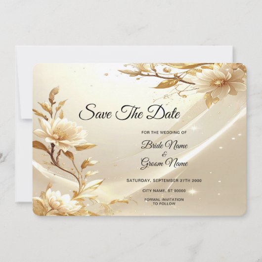 Weiße und goldene Blumen Save The Date (Vorderseite)