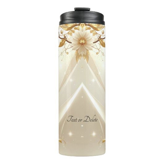 Weiße und goldene Blumen Thermosbecher (Vorderseite)