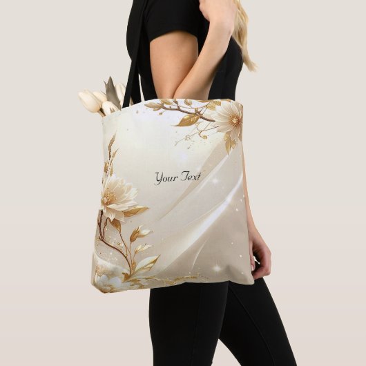 Weiße und goldene Blumen-Tragetasche Tasche (Von Nahem)