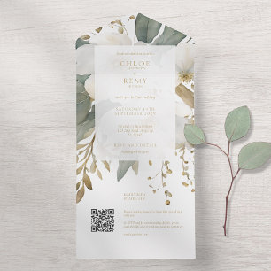 Weiße und goldene Blumen- und Blatt-Wasserfarben-H All In One Einladung