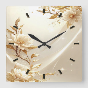 Weiße und goldene Blumen Wanduhr