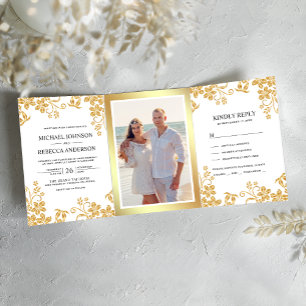 Weiße und goldene Blumenblätter-Hochzeit Dreifach Gefaltete Einladung