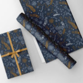 Weiße und goldene Blumendoodles in blau Geschenkpapier Set