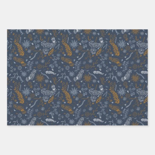 Weiße und goldene Blumendoodles in blau Geschenkpapier Set (Vorderseite 2)