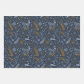 Weiße und goldene Blumendoodles in blau Geschenkpapier Set (Vorderseite)