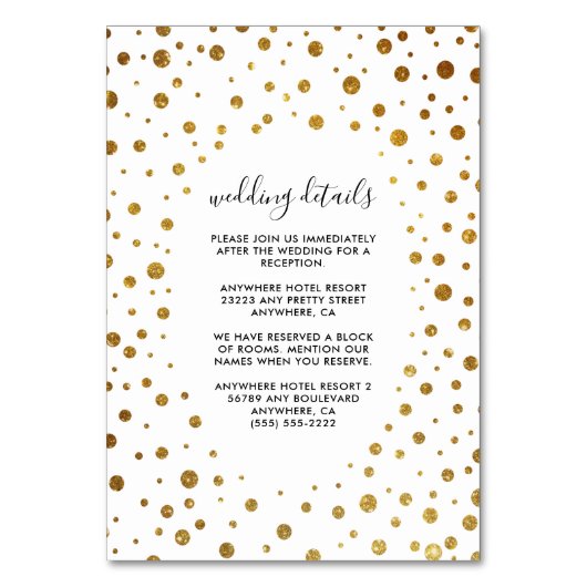 Weiße und goldene Confetti-Foil-Hochzeitskarten Tischnummer (Vorderseite)