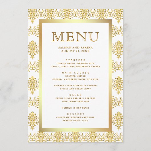 Weiße und goldene Damaske islamische Hochzeit Menükarte (Vorderseite)