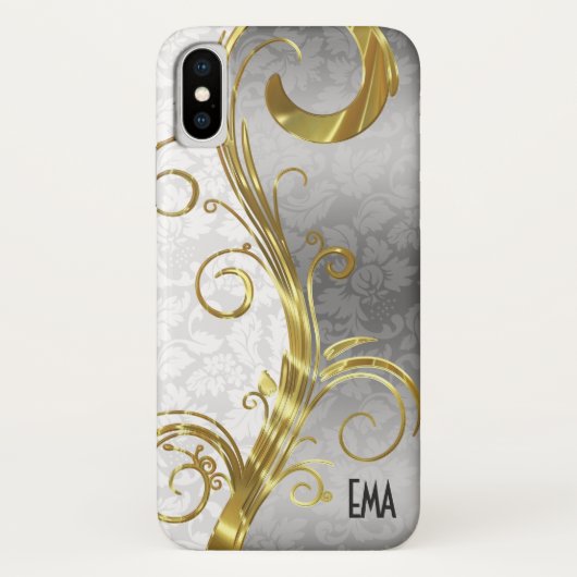 Weiße und goldene Damasken Gold & Silber Wirbel Case-Mate iPhone Hülle (Rückseite)