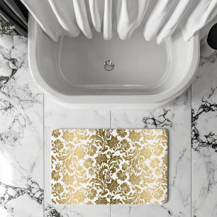 Weiße und goldene florale Damastmuster Badematte