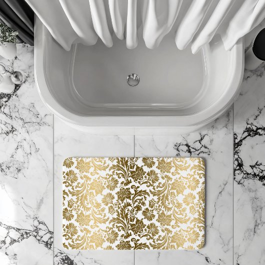 Weiße und goldene florale Damastmuster Badematte