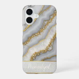 Weiße und goldene flüssige Mondstein-Personalisier iPhone 16 Hülle