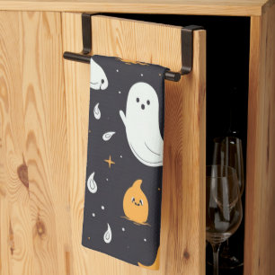 Weiße und goldene Geister Sterne Schwarzes Hallowe Geschirrtuch
