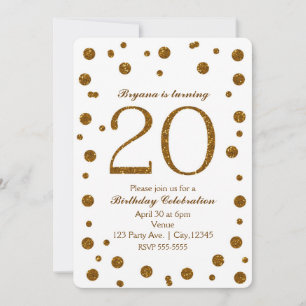 Weiße und goldene Glitterpunkte 20. 20. Geburtstag Einladung