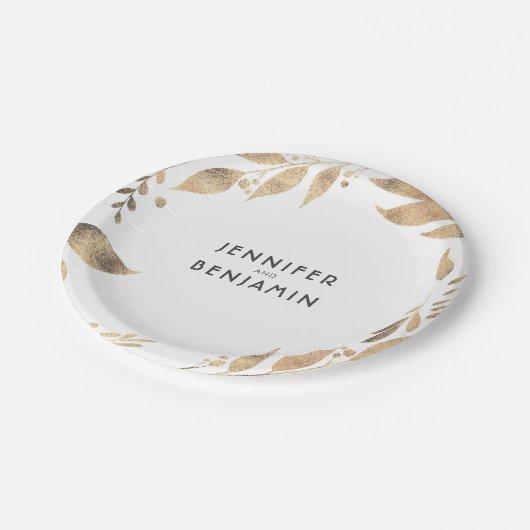Weiße und goldene Herbstlaube Chic Wedding Pappteller (Schrägansicht)
