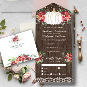 Weiße und goldene Kürbis-Burgunder-Blumenhochzeit All In One Einladung