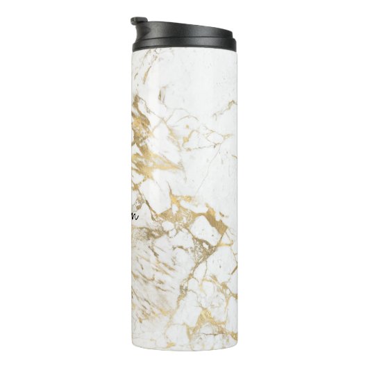 Weiße und goldene Marmor, Goldbox, Name & Monogram Thermosbecher (Nach rechts gedreht)