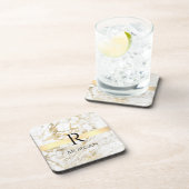 Weiße und goldene Marmor, schwarzer Name und Monog Getränkeuntersetzer (Rechte Seite)