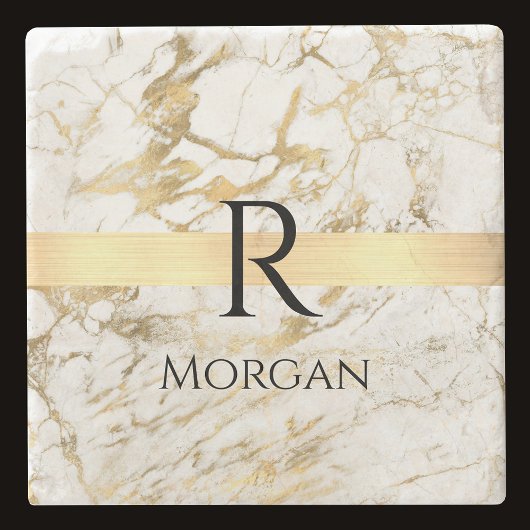 Weiße und goldene Marmor, schwarzer Name und Monog Steinuntersetzer