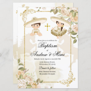 Weiße und goldene mexikanische Twin Boy and Girl B Einladung