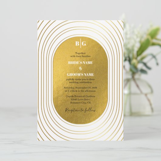 Weiße und goldene moderne Minimalistische Arch-Hoc Einladung (Stehend Vorderseite)