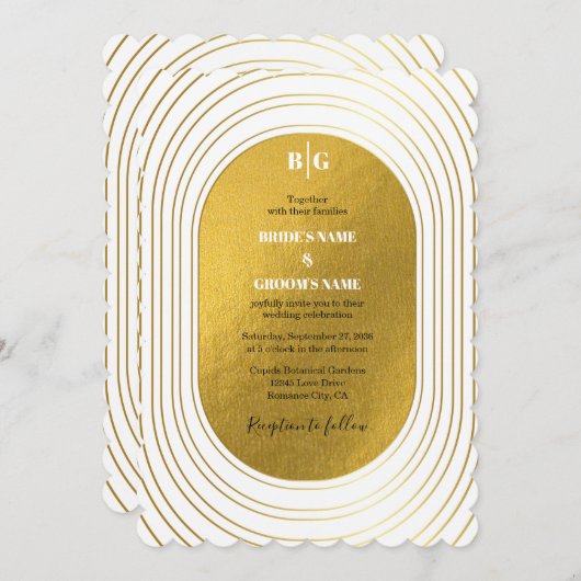 Weiße und goldene moderne Minimalistische Arch-Hoc Einladung (Vorne/Hinten)