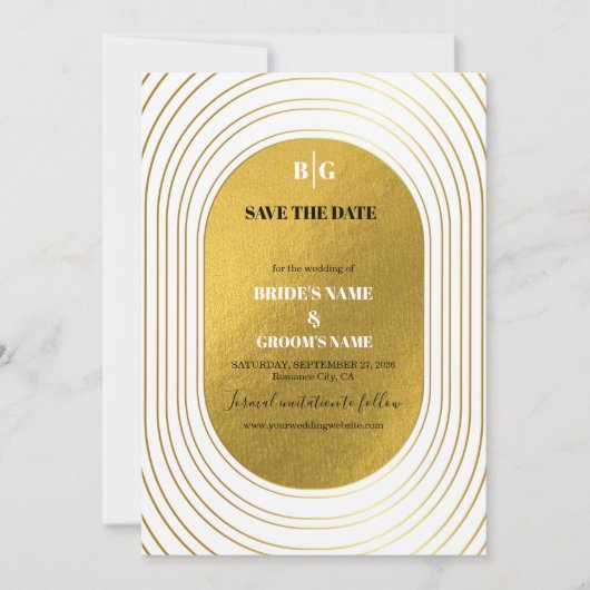 Weiße und goldene moderne Minimalistische Arch-Hoc Save The Date (Vorderseite)