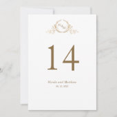 Weiße und goldene Monogramm-Hochzeitstisch-Nummer (Vorderseite)