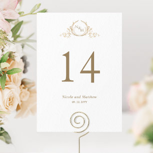 Weiße und goldene Monogramm-Hochzeitstisch-Nummer