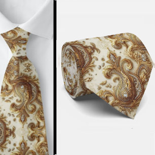 Weiße und goldene Paisley-Diamant-Krawatte im 3D-S Krawatte